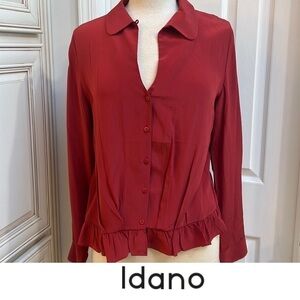 IDANO 100% Silk Button Down Ruffle Blouse